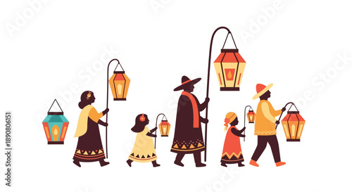 Family walking together with colorful lanterns in hand