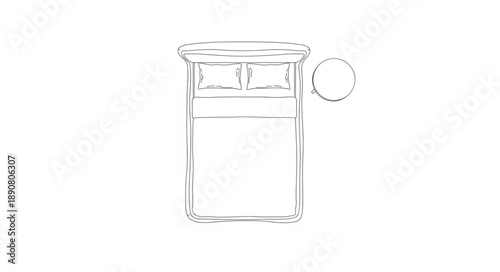Simple line drawing of a double bed with pillows and a side table.