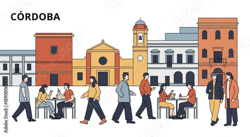 People walking and sitting in a Cordoba city street