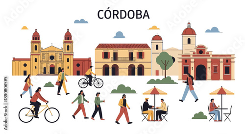 People walking and cycling in a vibrant cityscape