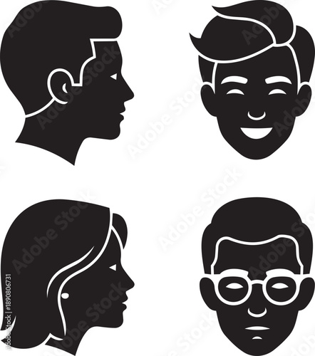Collection of diverse facial profiles and full-face views of various individuals with distinct hairstyles and accessories