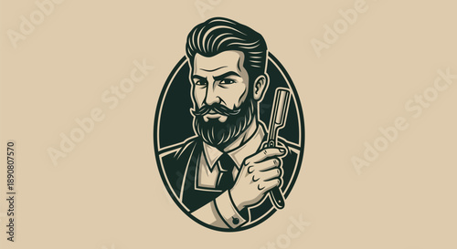 Vintage Barber Holding Straight Razor with Stylish Beard.