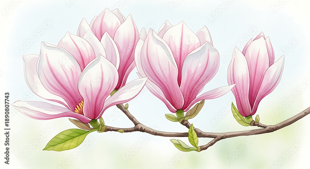 Obraz premium Beautiful pink magnolia flowers blooming on a branch.
