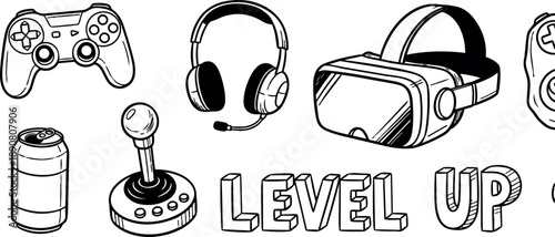 Hand drawn gaming vector art with joystick headset can and virtual reality headset level up text design