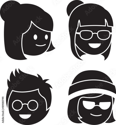 Collection of diverse cartoon faces showcasing different hairstyles and accessories from various viewpoints