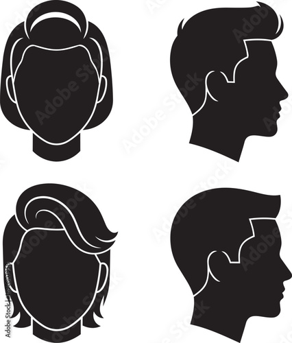 Collection of minimalist silhouette profiles showcasing diverse hairstyles and facial features