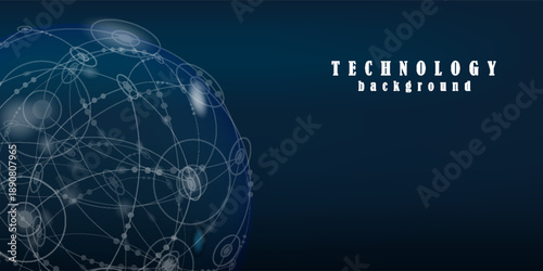 Abstract global technology background with glowing digital spheres, connected nodes and network lines. Global communication, data exchange and futuristic technology. eps10.