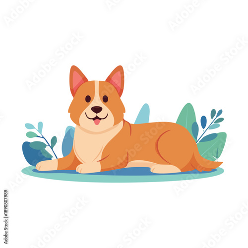 A happy corgi lying down surrounded by leaves in a serene environment viewed from the side c31.eps