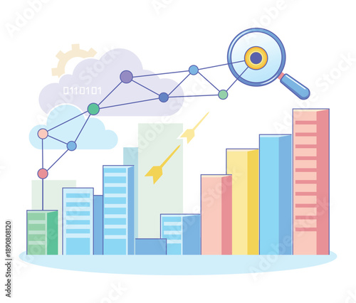 Chart showing data growth with bars of different heights. Magnifying glass highlighting specific point on line graph. Background with clouds and geometric shapes