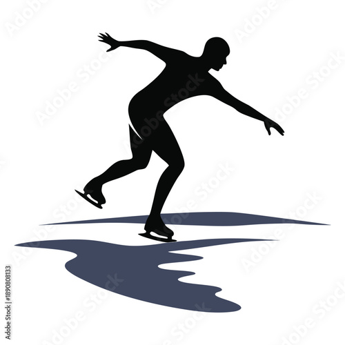 Figure skater silhouette on ice with reflection vector black winter sport illustration artistic movement on white background