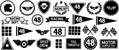 Vintage racing department badge collection with helmets flags speed crew and motor supply company logos retro style