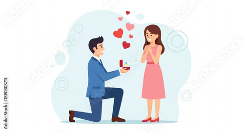 Man proposing marriage to woman with ring hearts floating romantic proposal concept for wedding or engagement flat vector illustration