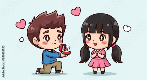 Cute cartoon couple man proposing with engagement ring woman surprised and happy romantic proposal concept vector illustration