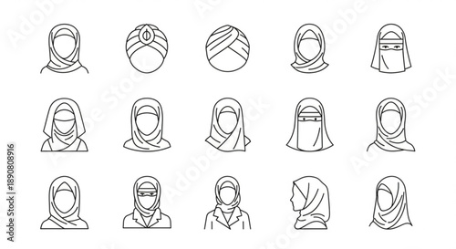 Collection of diverse hijab and turban icons representing various Islamic headwear styles in a clean minimalist line art design for cultural or fashion concepts