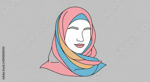 Minimalist vector illustration of a woman wearing a colorful hijab simple line art portrait for fashion and cultural concepts isolated on gray background