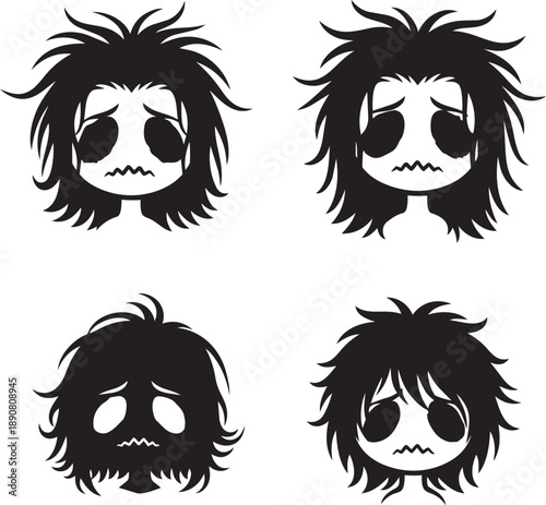 Collection of four emotive black and white facial expressions with varying hairstyles and emotions depicted in illustrations