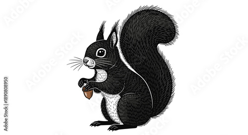 Quadro em tela A detailed illustration of a black squirrel with a bushy tail, holding a single brown acorn in its paws, against a plain white background