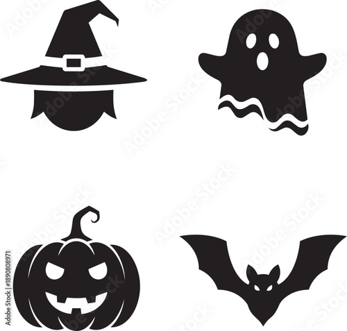 Halloween symbols like witch hat, ghost, pumpkin, and bat silhouetted against a plain white background viewed from the front.