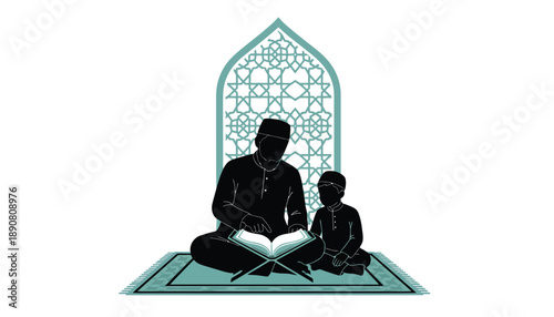 Father and Son Reading Quran in Serene Spiritual Moment with Soft Blue Lighting on Ornate Prayer Mat for Faithful Family Moments