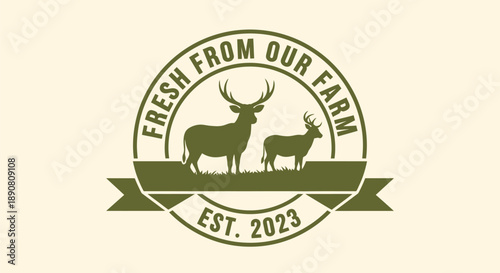 Vintage Farm Logo with Deer Silhouettes and Fresh From Our Farm Text.
