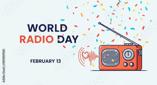 World Radio Day celebration with vintage radio and colorful confetti February 13th concept for media and broadcasting events