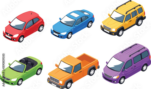 Various colorful vehicle types including sedan, SUV, convertible, pickup truck, minivan, compact car, transportation concept