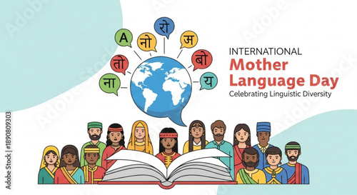 International Mother Language Day concept diverse people celebrating linguistic diversity with global communication and an open book vector illustration