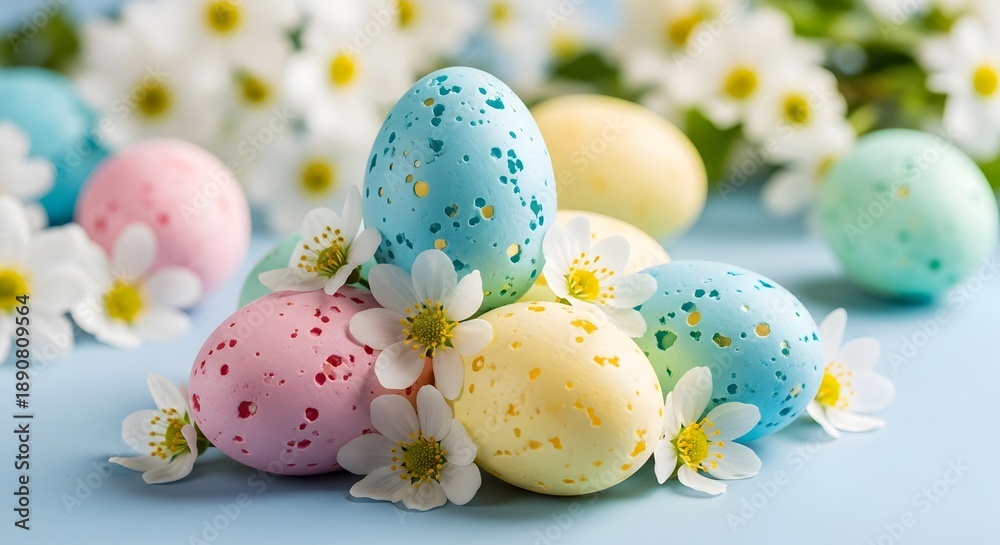 Fototapeta premium Easter eggs and flowers on light blue background