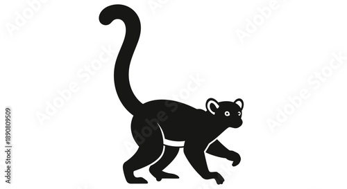Silhouette of a walking lemur with a curled tail on a white background.