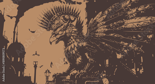 Surreal artwork of a human face merging with a rooster and urban elements in sepia tones.