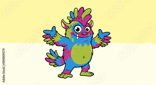 Colorful cartoon monster character with playful expression and open arms.