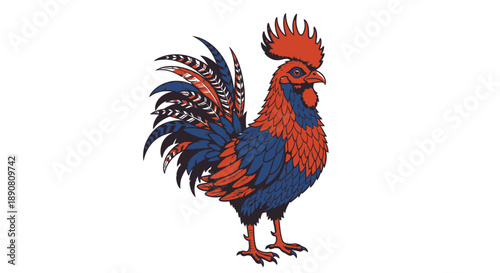 Colorful hand-drawn illustration of a rooster with detailed feathers and comb.