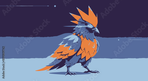 Stylized digital illustration of a colorful fantasy bird with sharp feathers and a crown-like crest.