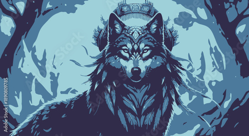 Mystical wolf standing in a dark enchanted forest under a full moon.