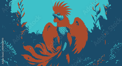 Stylized illustration of a vibrant rooster with intricate feather details in a natural setting.