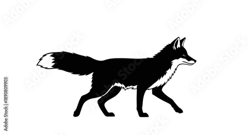 Silhouette of a walking fox with bushy tail and pointed ears.