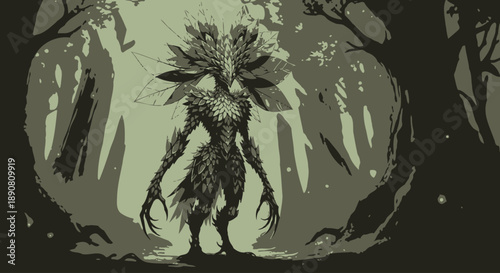 Mysterious creature standing in a dark forest with glowing eyes.