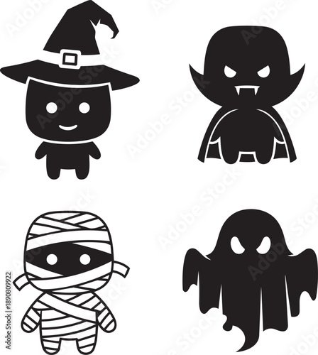 Halloween characters illustrated in a simple and modern style, showcasing various spooky personalities and designs