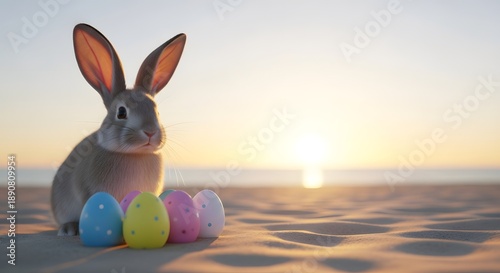 Easter bunny on beach with colorful eggs at sunset