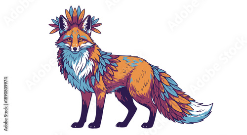 Colorful artistic illustration of a fox with vibrant feathers and intricate patterns.