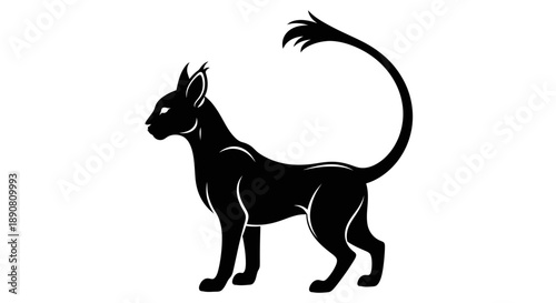 Silhouette of a standing cat with a raised tail and alert posture.