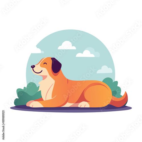 A dog lying down outdoors in a serene environment with a cloudy sky