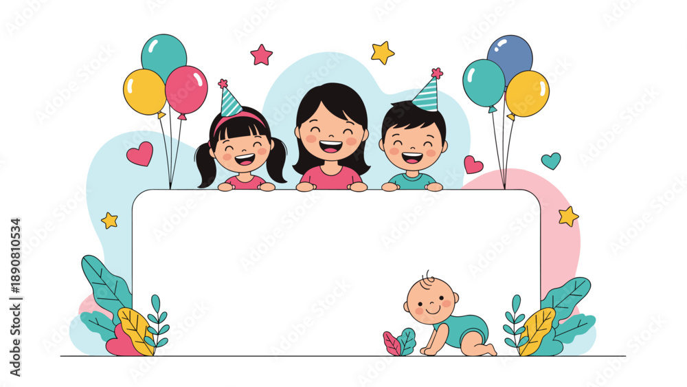 Fototapeta premium Happy illustration of three children and a baby crawling in front of a large blank white banner with colorful party decorations.