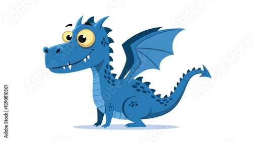 Friendly cartoon illustration of a cute blue dragon with small wings and yellow eyes standing on a plain white background.