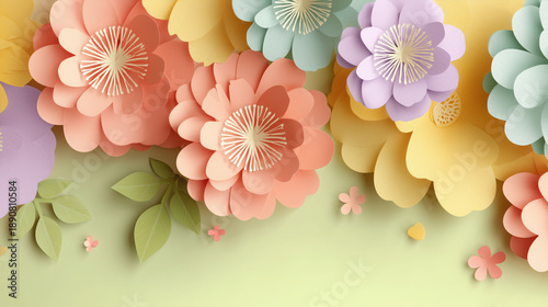 Colorful paper flowers with intricate details are arranged soft green background, creating vibrant and artistic floral design. composition includes various pastel shades, adding cheerful and
