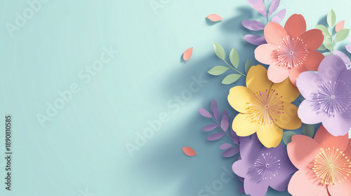 Colorful paper flowers with leaves on light blue background create vibrant and cheerful design. composition features pink, yellow, and purple flowers, adding playful and artistic touch