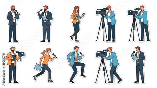 Professional set of broadcast news team members including reporters with microphones and cameramen with video equipment.