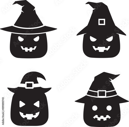 Four black pumpkins wearing witches' hats with different facial expressions displayed in a grid on a white background