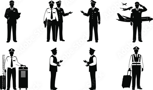 Silhouettes of airline pilots, professional poses, travel gear, aviation crew interaction, black vector illustration, pilot uniform, airport scene, flight preparation, teamwork, communication