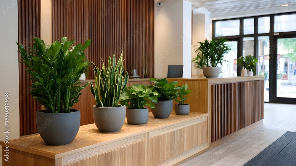 Fototapeta premium Modern reception desk adorned with lush green potted plants creating a welcoming and natural ambiance